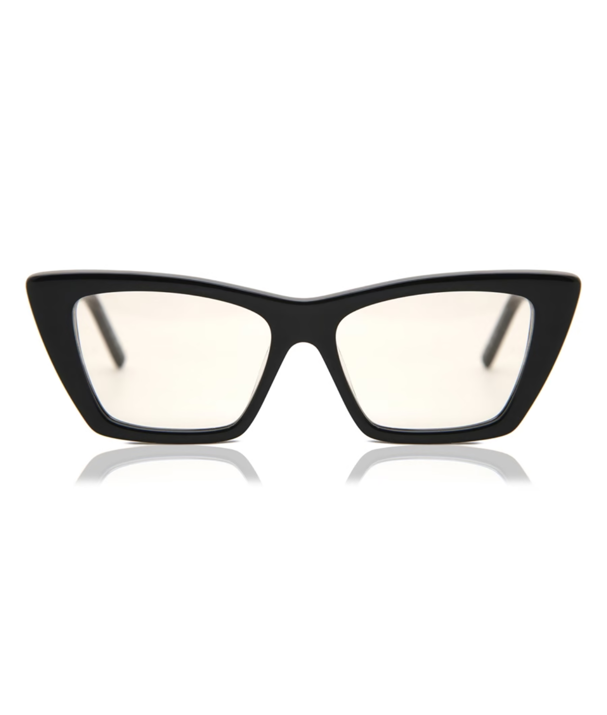 Black cat-eye sunglasses with reflective lenses on a white background