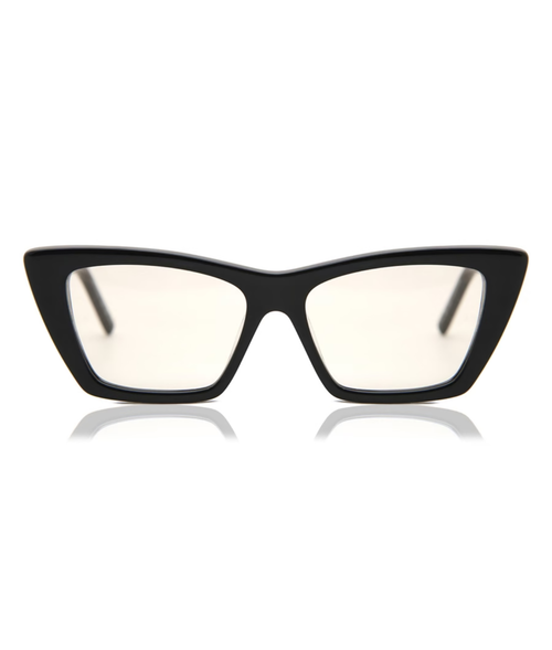 Black cat-eye sunglasses with reflective lenses on a white background