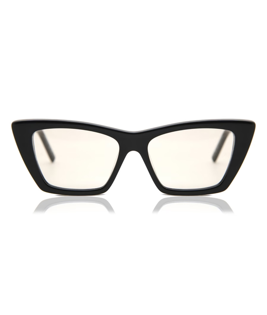 Black cat-eye sunglasses with reflective lenses on a white background